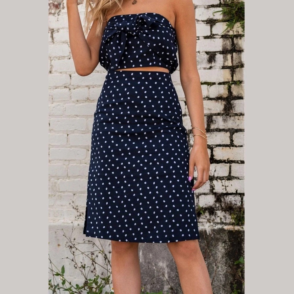 MINKPINK | Pip Polka Dot Midi Skirt | Navy Blue | Size L - Picture 5 of 16